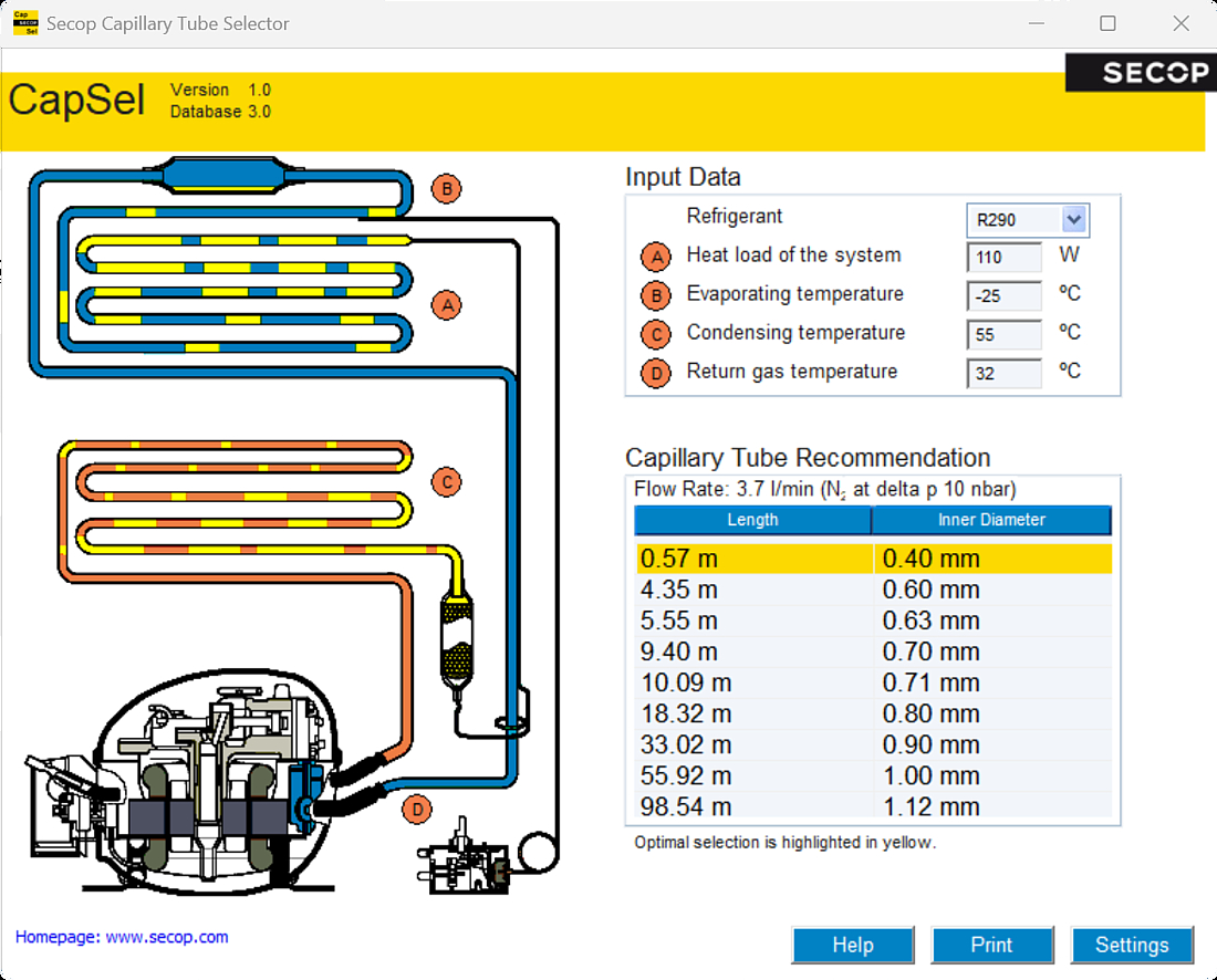 Secop Capillary Tube Selection Software