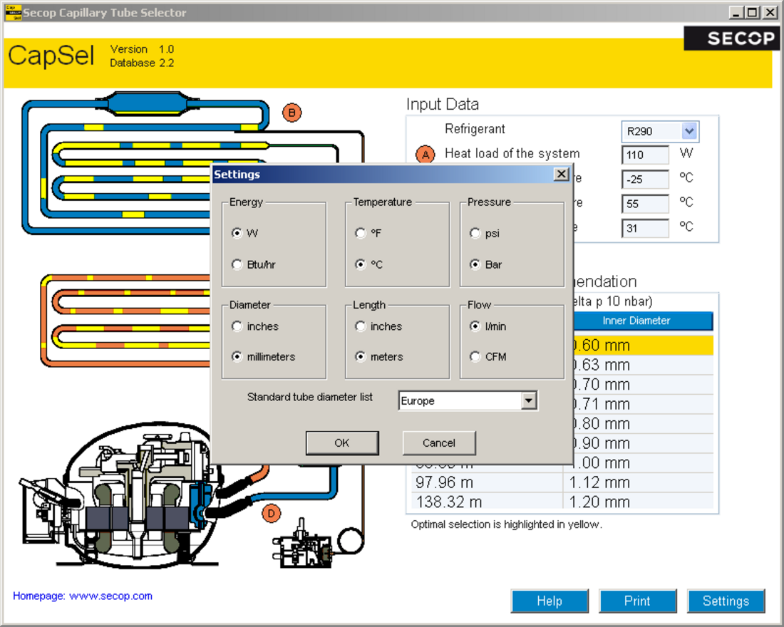 Secop Capillary Tube Selection Software