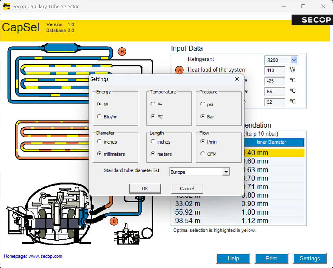 Secop Capillary Tube Selection Software