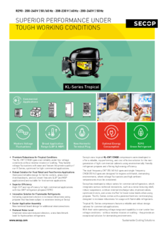 KL-Series Tropical Compressors (KLF), R290, 200-240 V, 50/60 Hz & 208-230 V, 60 Hz & 200-240 V, 50 Hz